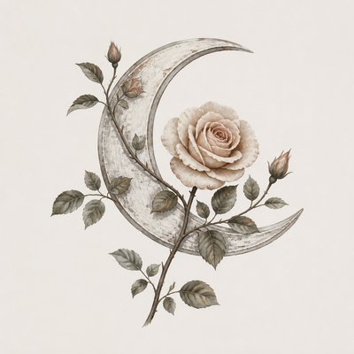 a rose entwined with a crescent moon, clean balanced composition on a plain background, no text