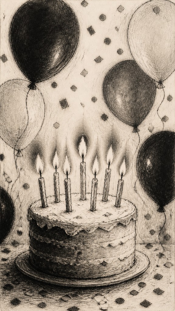 a birthday cake with lit candles surrounded by balloons and confetti, festive vertical composition, no text