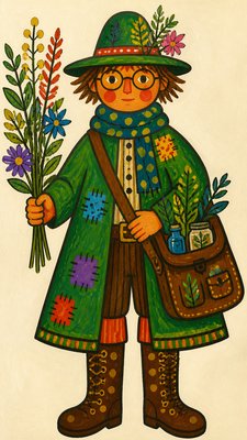 full-body original character: a wandering botanist with a satchel of plants, a patched green cloak, tall boots and round glasses, neutral background