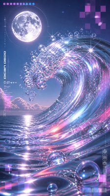 an ocean wave curling under moonlight, no people