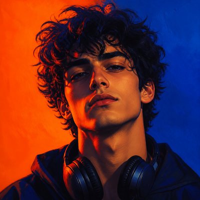 head-and-shoulders portrait of an original character: a young man with curly dark hair and headphones around his neck, plain backdrop, no text