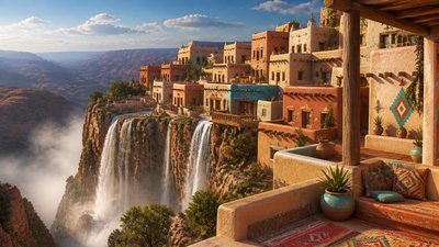 a cliffside city with waterfalls cascading into a misty canyon, wide establishing shot, no people, no text