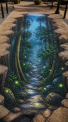 a mysterious forest path with fireflies and drifting mist, atmospheric vertical composition with open space at the top, no text