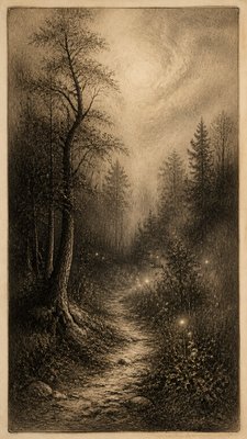 a mysterious forest path with fireflies and drifting mist, atmospheric vertical composition with open space at the top, no text