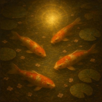 A koi pond seen from above, orange and white koi fish swimming among lily pads, clear water with subtle ripples, fallen cherry blossom petals floating on the surface, dappled sunlight