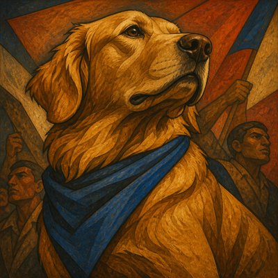 portrait of a golden retriever wearing a blue bandana, warm plain backdrop, no text