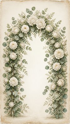 an arch of white roses and eucalyptus in soft morning light, elegant vertical composition with open space, no text