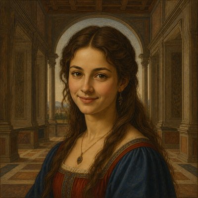 head-and-shoulders portrait of an original character: a young woman with wavy chestnut hair and a warm smile, plain soft backdrop