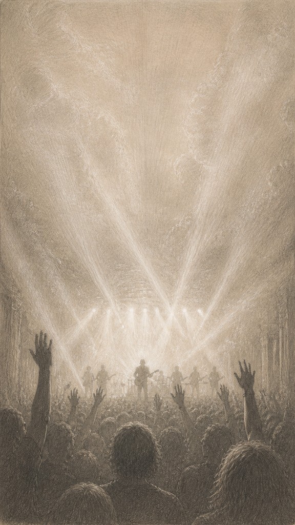 a live music scene with a glowing stage and silhouetted crowd, energetic vertical composition with open space at the top, no text