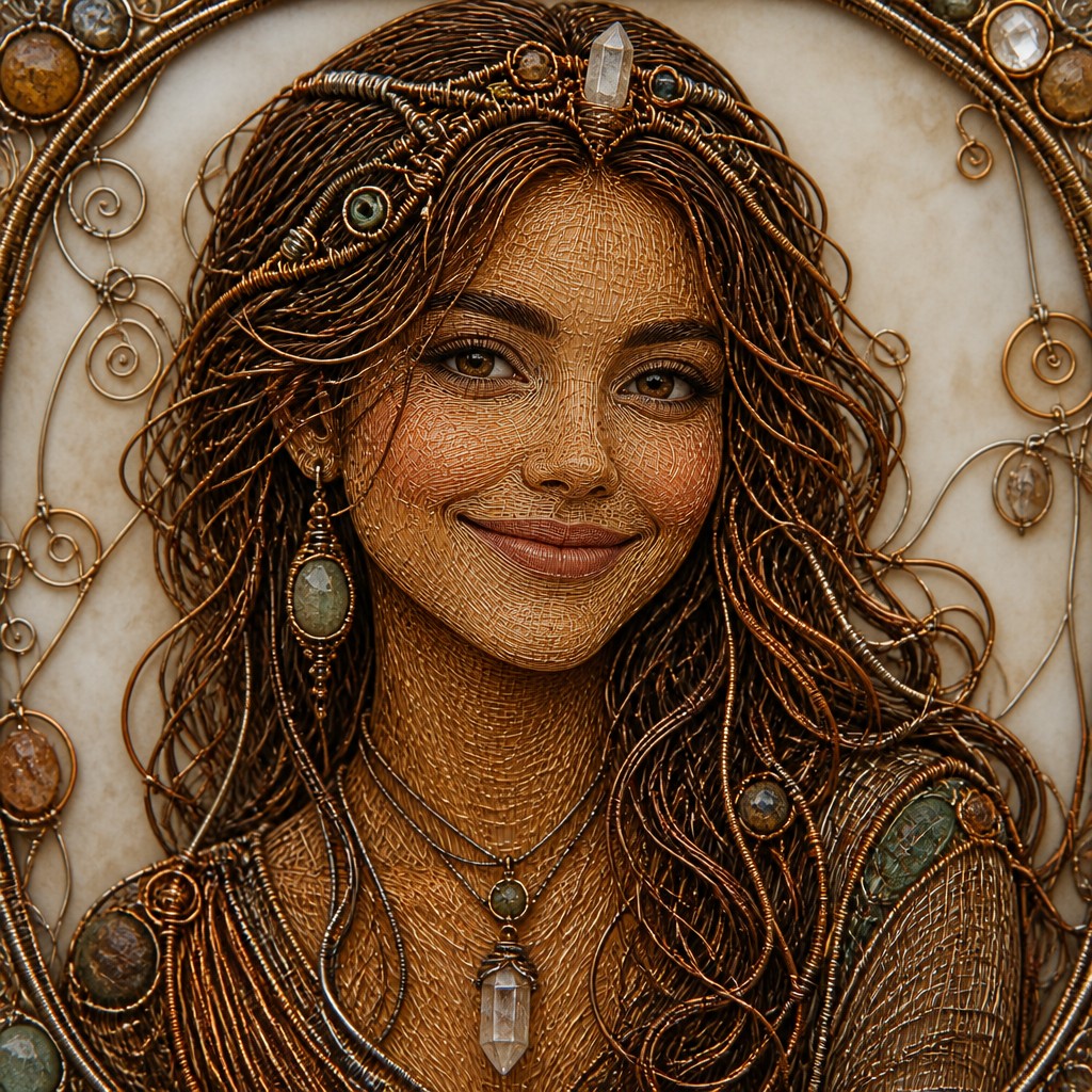 head-and-shoulders portrait of an original character: a young woman with wavy chestnut hair and a warm smile, plain soft backdrop