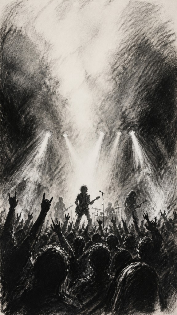 a live music scene with a glowing stage and silhouetted crowd, energetic vertical composition with open space at the top, no text