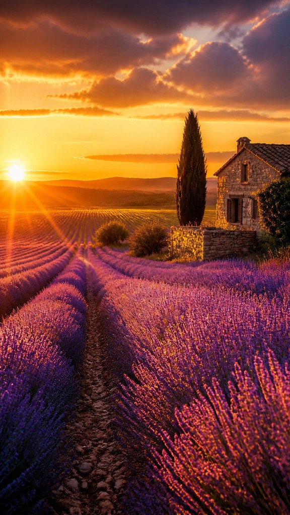 a field of lavender stretching to distant hills at dusk, no people