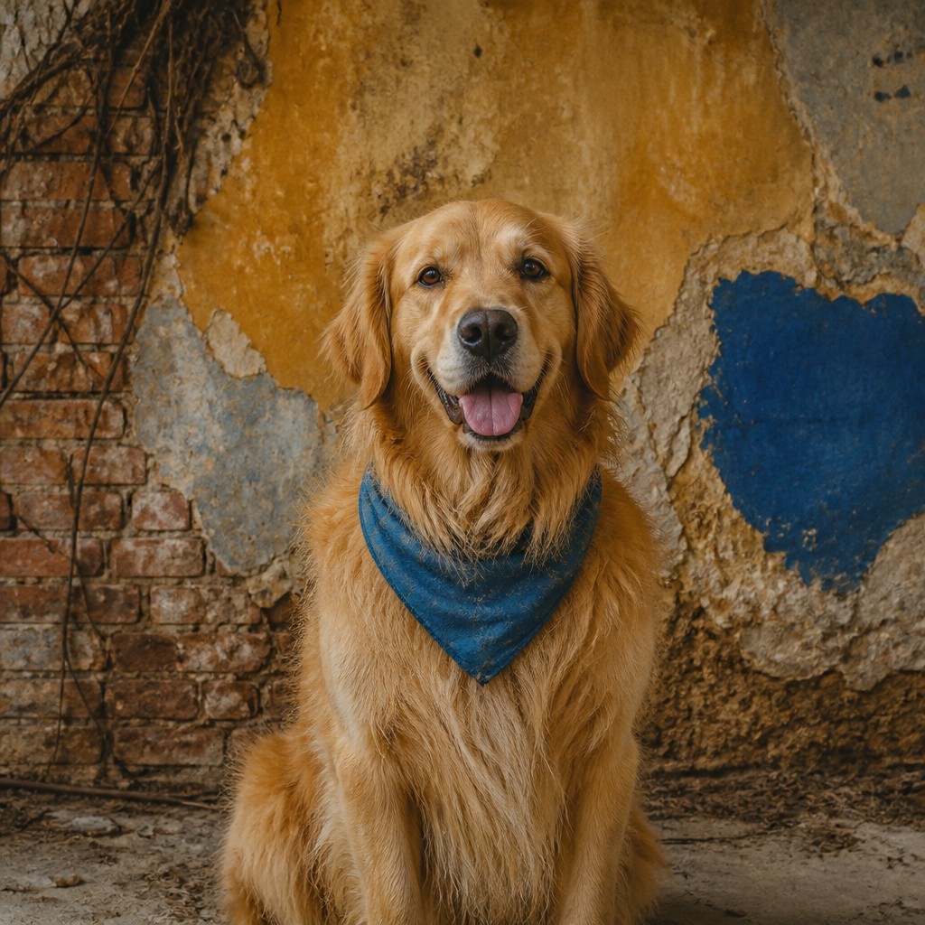 portrait of a golden retriever wearing a blue bandana, warm plain backdrop, no text