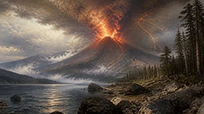 an erupting volcano with lightning strikes, dramatic wide composition, no text