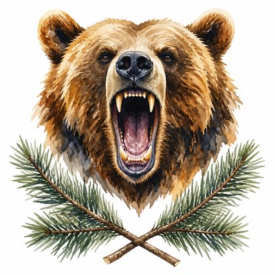 a roaring bear head above crossed pine branches, bold graphic composition on a plain background, no text