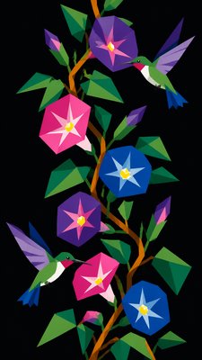 a climbing vine of flowers and hummingbirds on a dark background, tall wrapping composition, no text