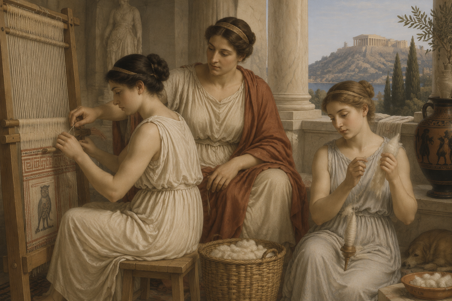 ancient greek mother training her daughters in weaving and spinning wool