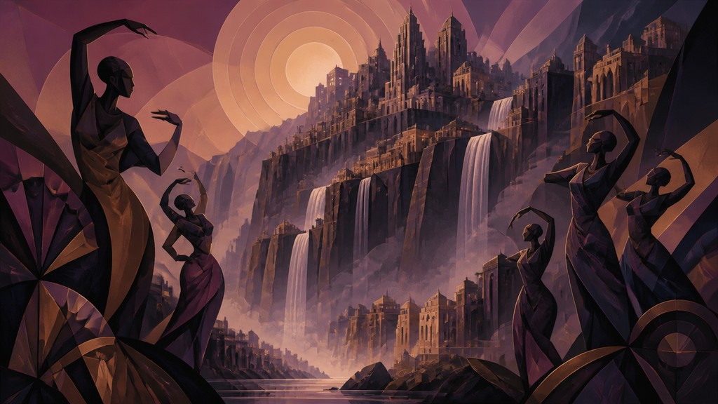 a cliffside city with waterfalls cascading into a misty canyon, wide establishing shot, no people, no text