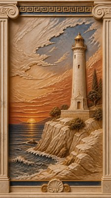 a lone lighthouse on a cliff at dusk under a dramatic sky, no text or lettering