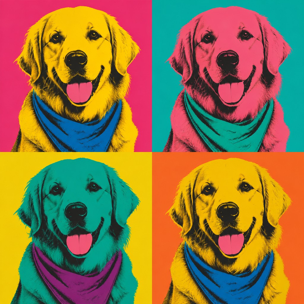 portrait of a golden retriever wearing a blue bandana, warm plain backdrop, no text