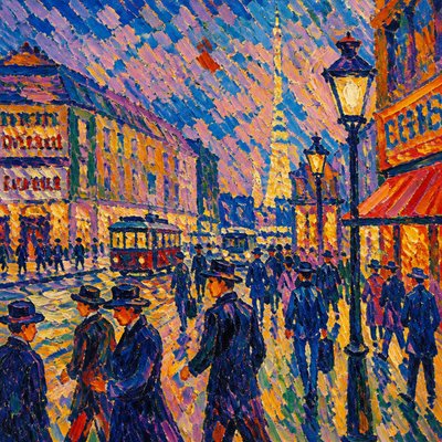urban street with city activity — Fauvist Impressionism Art Style