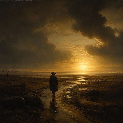 a solitary figure walking toward a glowing horizon across an empty plain, moody atmosphere, no text or lettering