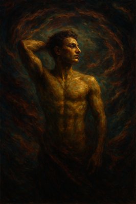 a painting of a man with his hands behind his head