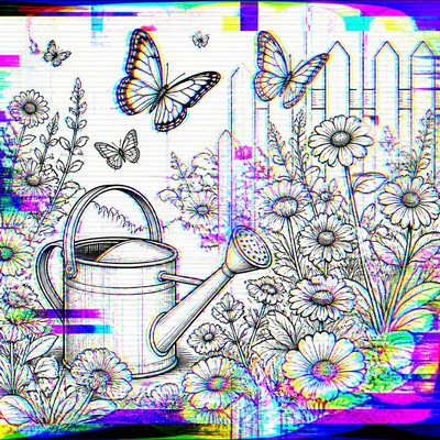 a garden scene with butterflies, flowers and a watering can, clean uncolored line art, no text