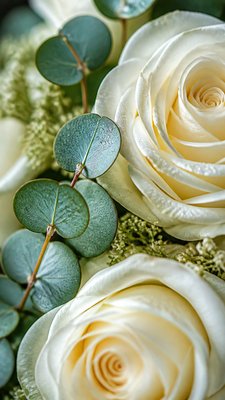 an arch of white roses and eucalyptus in soft morning light, elegant vertical composition with open space, no text