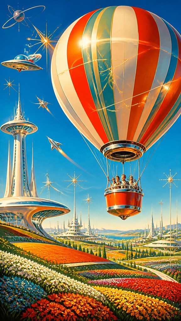 a hot air balloon drifting over rolling flower fields on a sunny day, cheerful, no text