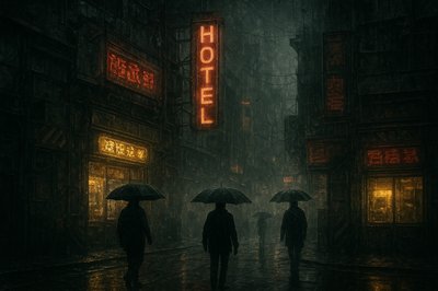 A rainy city street at night, neon signs reflecting on wet pavement, umbrellas, glowing shop windows, cinematic atmosphere