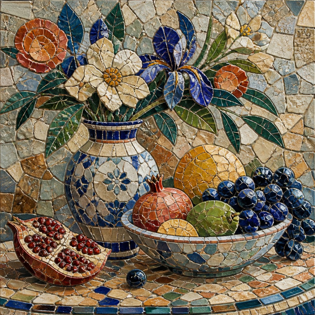 still life arrangement of fruits and flowers