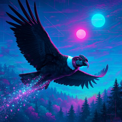 Hyper-realistic Andean condor flying in the sky over a forest, leaving a shimmering trail of glittering sparkles where it goes, extreme detail, photorealistic, cinematic lighting
