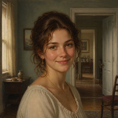 head-and-shoulders portrait of an original character: a young woman with wavy chestnut hair and a warm smile, plain soft backdrop