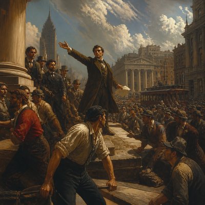 urban street with city activity — History Painting Art Style