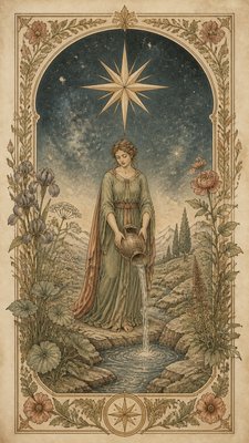 a robed figure pouring water beneath a large eight-pointed star in a night sky, symmetrical composition with an ornate decorative border, no text