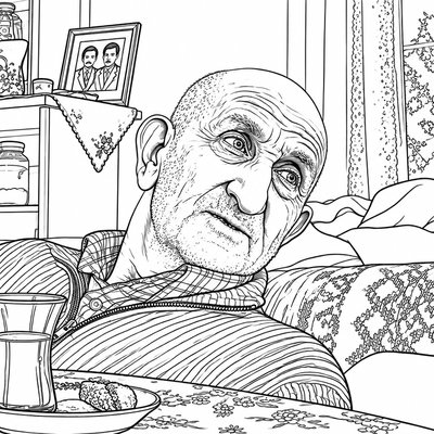 a black and white drawing of an elderly man