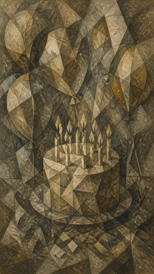 a birthday cake with lit candles surrounded by balloons and confetti, festive vertical composition, no text