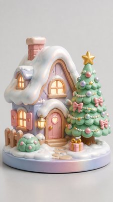 a snow-covered cottage with warm glowing windows beside a decorated pine tree, gentle snowfall, no text