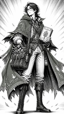 full-body original character: a wandering botanist with a satchel of plants, a patched green cloak, tall boots and round glasses, neutral background