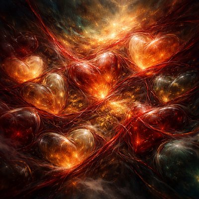 A highly detailed, macro-lens conceptual photograph. Many diverse, translucent hearts, glowing with warm, amber light (comforted hearts), are positioned closely together. A beautiful, luminous crimson thread (representing love) is actively weaving and interlacing between the hearts, "knitting" them into a cohesive, sturdy fabric or tapestry. Within the fabric, tiny, glittering gold script and ancient symbols (the "treasures of wisdom") are embedded and glowing, radiating outward from the interconnected center. Warm, soft, comforting atmosphere, tangible textile textures combined with ethereal glow.