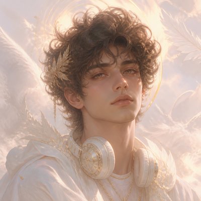 head-and-shoulders portrait of an original character: a young man with curly dark hair and headphones around his neck, plain backdrop, no text