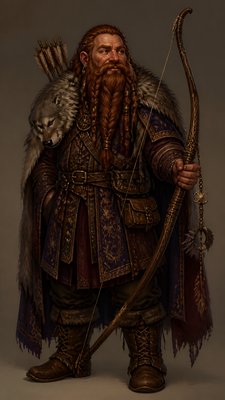 full-body original character: a dwarven ranger with a braided auburn beard, worn leather armor, a longbow and a wolf-pelt cloak, neutral background, no text