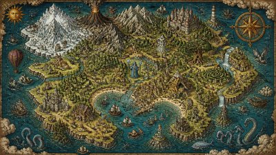 a map of an island realm with mountains, forests, a sheltered bay, sea monsters in the water and a compass rose, no text labels