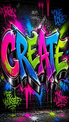 the word "CREATE" spelled clearly and legibly letter by letter (C-R-E-A-T-E) as bold colorful graffiti lettering on a brick wall