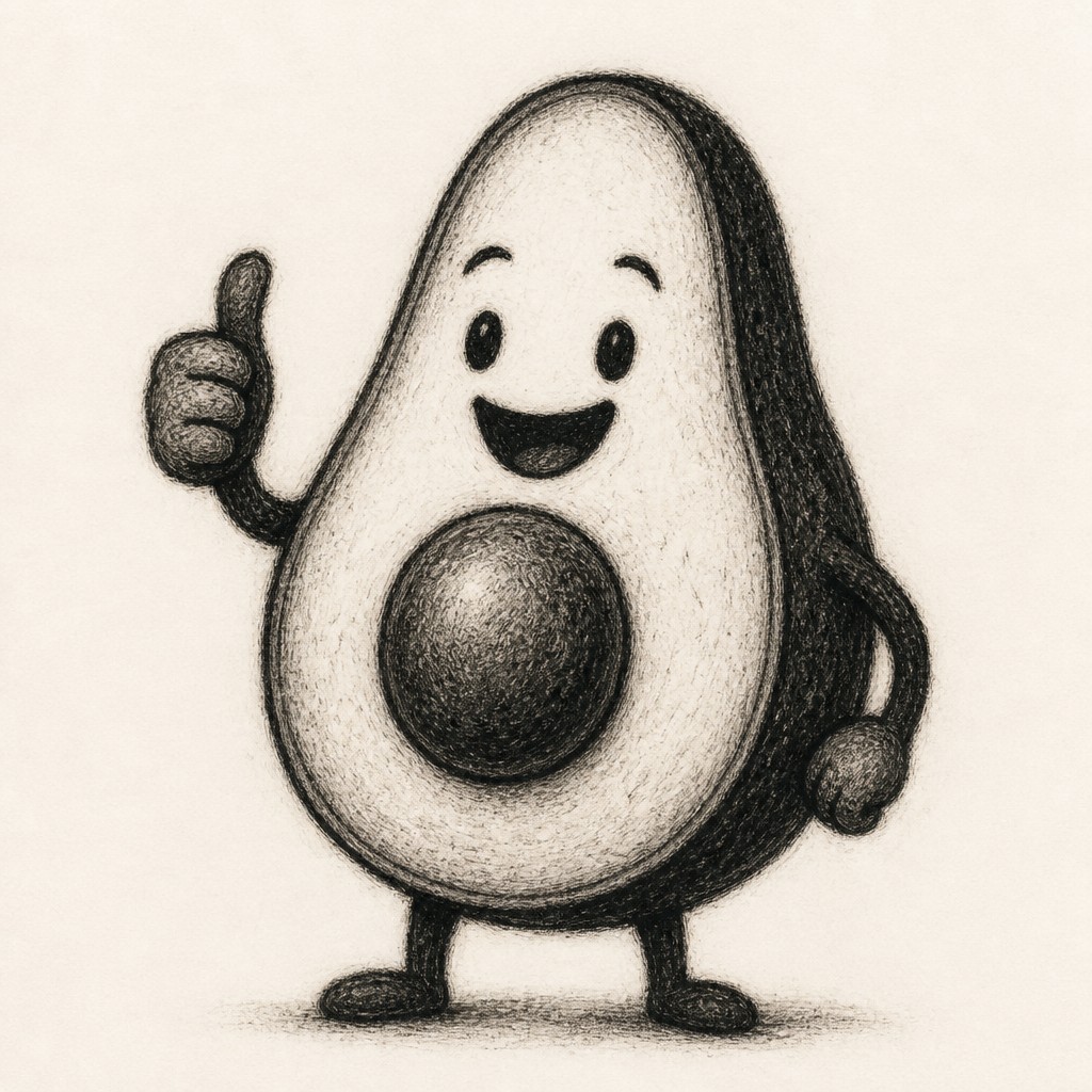 a happy avocado character giving a thumbs up, bold readable design on a plain background, no text