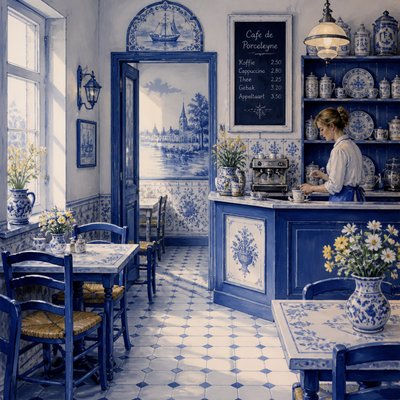 cozy cafe interior with warm lighting