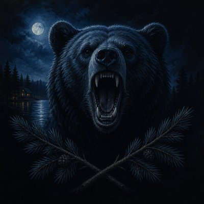 a roaring bear head above crossed pine branches, bold graphic composition on a plain background, no text