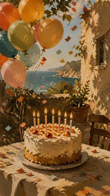 a birthday cake with lit candles surrounded by balloons and confetti, festive vertical composition, no text