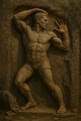 a statue of a man standing in front of a stone wall